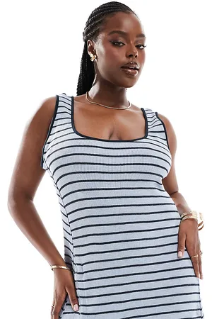 ASOS ASOS DESIGN Curve cami strap with ruched tie and side split midi dress in navy and black stripe