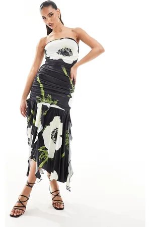 Ax Paris Slinky ruched bandeau asymmetric ruffle hem maxi dress in floral