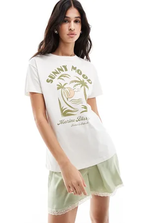 Pull&Bear Palm tree graphic oversized tee in off
