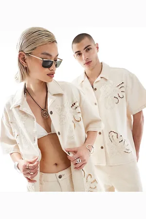 Reclaimed Unisex cropped boxy denim shirt with embroidery cutwork in cream