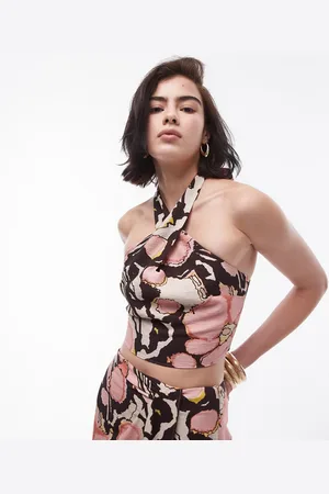 Topshop Co-ord twist halter top in paw print flower