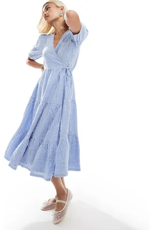 Monki Seersucker wrap midi dress with tiered layers in blue and white gingham
