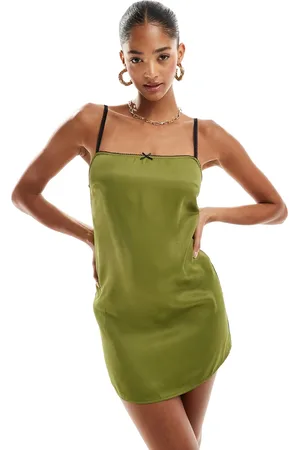 Pull&Bear Bow detail strappy satin mini dress in olive