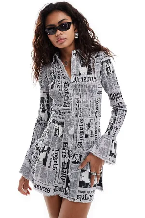 Basic Pleasure Mode Gazette print shirred mini dress in