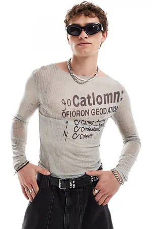 COLLUSION Long sleeve slim fit printed mesh top in stone