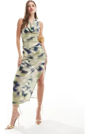 Pull&Bear Cowl neck low back maxi dress in blur print