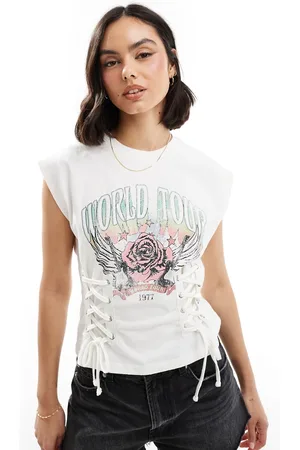 Miss Selfridge Graphic print short sleeve top with lace up detail in