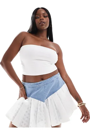 ASOS Curve ruffle denim shorts with broderie in mid wash