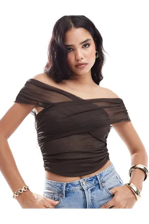 Miss Selfridge Ruched off shoulder top in chocolate