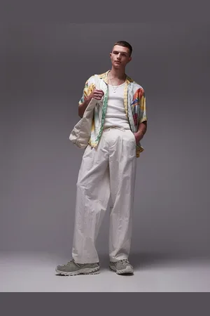 Topman Premium wide leg paper bag trousers in ecru