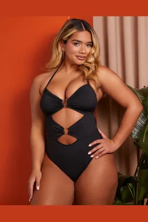 Wolf & Whistle X Natalie Gessey Fuller Bust halter neck cut out swimsuit in with gold details