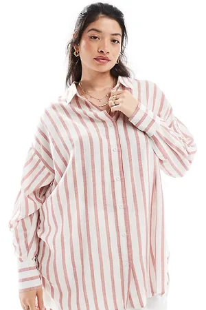 Yours Oversized linen shirt in rust stripe