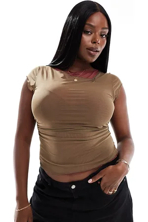 COLLUSION Double layer cap sleeve top in chocolate