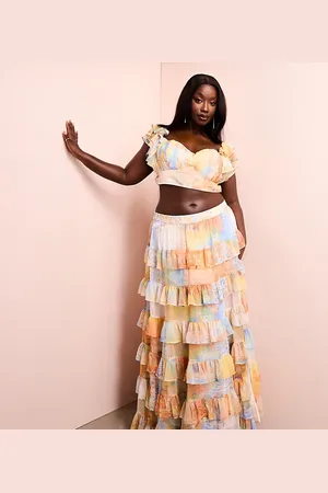 ASOS Curve co-ord tiered sheer maxi skirt in postcard print