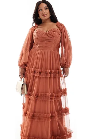 Lace & Beads Long sleeve ruffle maxi in rose