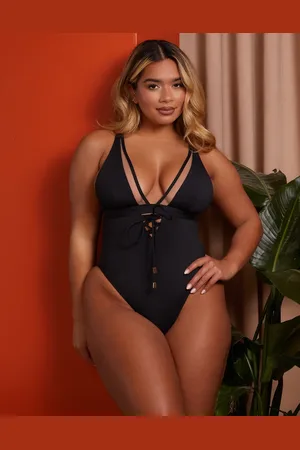 Wolf & Whistle X Natalie Gessey Fuller Bust plunge swimsuit in with mesh and tie details