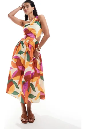 Style Cheat One shoulder cotton maxi dress with out out in abstract print