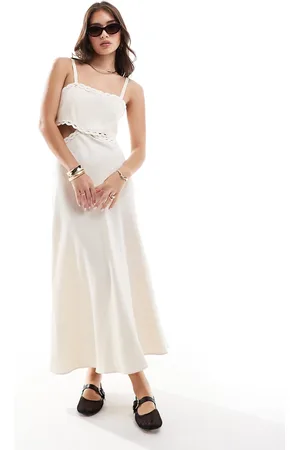 MANGO Premium trim cut out midi dress in light beige