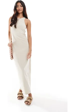 Pull&Bear Racer neck midi dress in sand