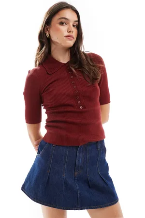 & OTHER STORIES & knitted rib polo collar top with deep button front and crochet trim in deep