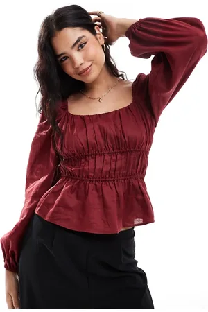 & OTHER STORIES & linen blend long sleeve ruched top in burgundy
