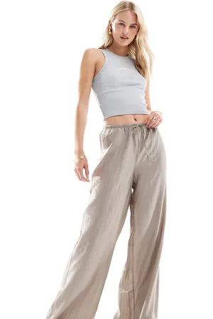 VERO MODA Textured drawstring waist wide leg trouser in taupe