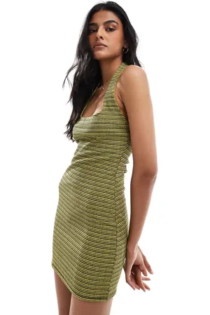 COLLUSION Festival halter mini dress in neon stripe