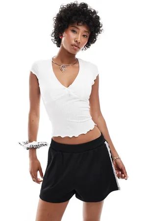 Glamorous V neck pointelle fitted t-shirt with bow