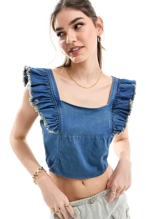 Miss Selfridge Frill detail denim corset top in indigo wash