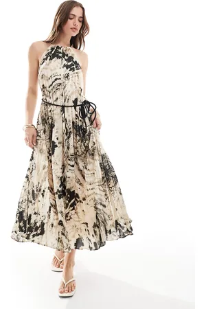 MANGO Snake print halterneck pleated midi dress in