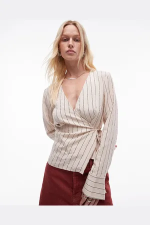 Topshop Step hem wrap top in natural pinstripe