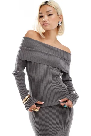Glamorous Off shoulder rib knit jumper in charcoal co-ird