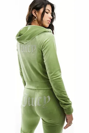 Juicy Couture Diamante velour tracksuit zip hoodie co-ord in mosstone