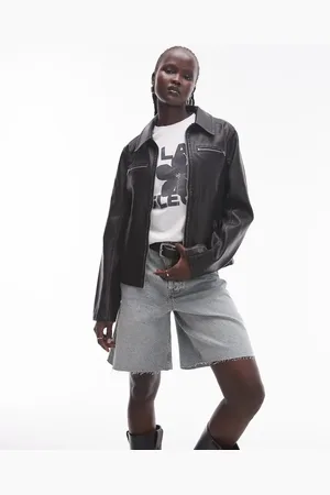 Topshop Faux leather fitted jacket in washed