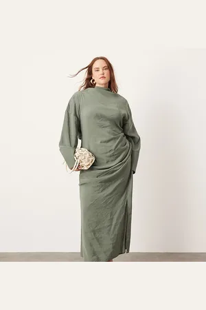 ASOS Curve soft high neck ruched detail maxi dress with cut out back in khaki