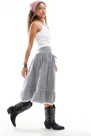 Reclaimed Drop hem prairie skirt with bow details in blue and white gingham