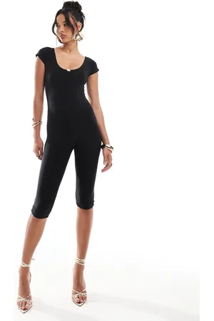 Kaiia Slinky scoop neck rose detail cap sleeve capri unitard in