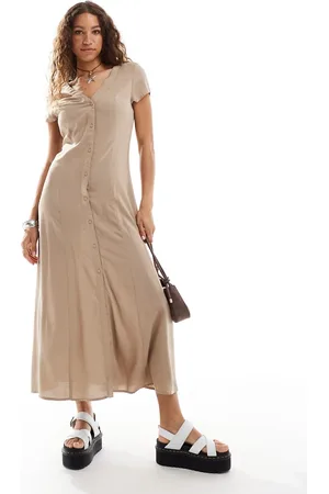 Monki Short sleeve button front midi dress in dark beige