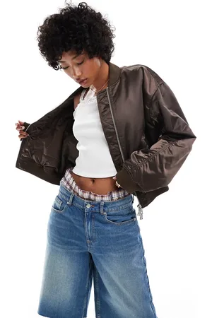 Monki Satin bomber jacket with front welt pockets in dark