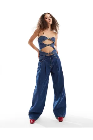 Lioness Low rise tie detail baggy pleat front jeans co-ord in dark blue wash