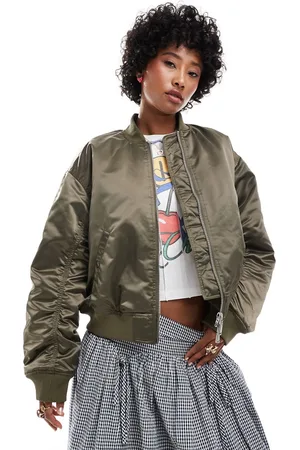 Monki Satin bomber jacket with front welt pockets in khaki with pink lining