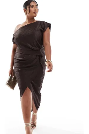 ASOS ASOS DESIGN Curve chevron plisse high neck midi dress with cowl back in chocolate