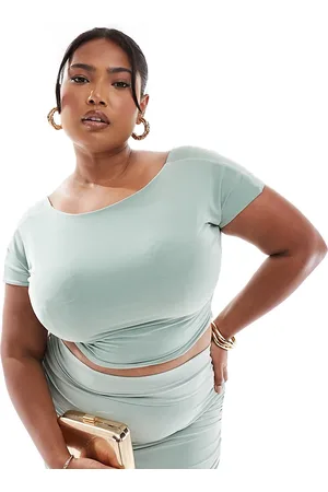Kaiia Plus slinky wide neck top co-ord in sage