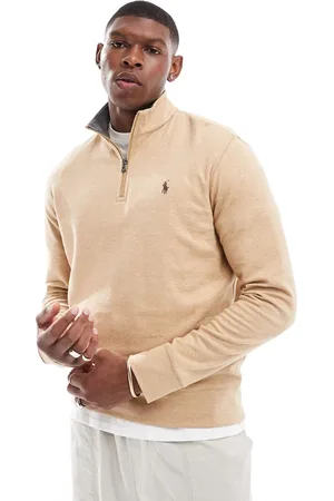 Ralph Lauren Icon logo double knit half zip sweatshirt in camel marl