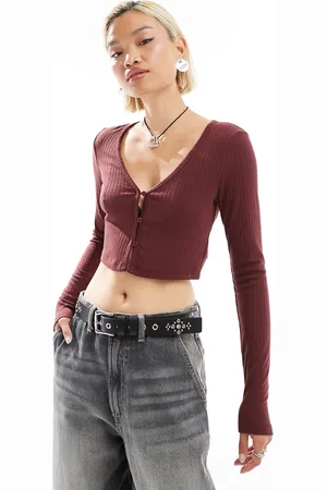 Glamorous Cable knit crop fitted cardigan in brown