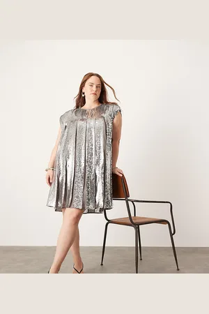ASOS Curve embellished allover sequin pleat trapeze mini dress in grey