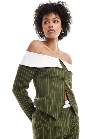 Extro & Vert Tall Corset bandeau blazer top in khaki stripe co-ord