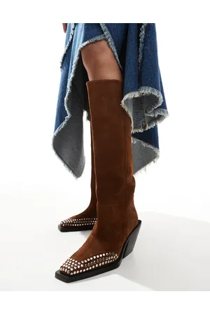 ASOS Cassie premium suede western knee boots with stud detail in chocolate