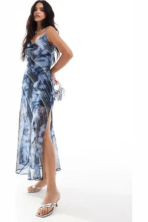 Miss Selfridge Chiffon metallic cowl neck maxi slip dress in blurred floral print