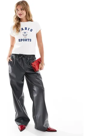 ASOS Faux leather wide leg pull on trousers in charcoal